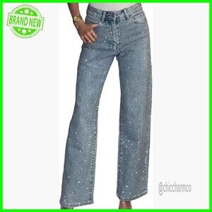 High Waisted Wide Leg Rhinestone Jeans Y2K Sparkly Denim Pants